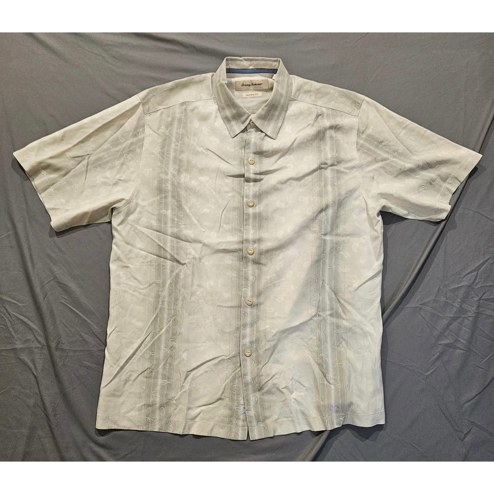 Tommy Bahama Button Up Shirt Mens L 100% Silk Cream Paisley Original Fit